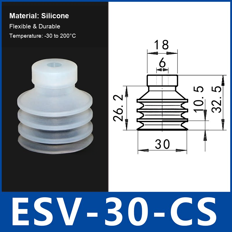 ESV-30-CS White Silicone multi-layer vacuum suction cup and technical dimensions