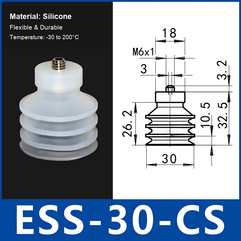 ESS-30-CS White Silicone multi-layer vacuum suction cup and technical dimensions