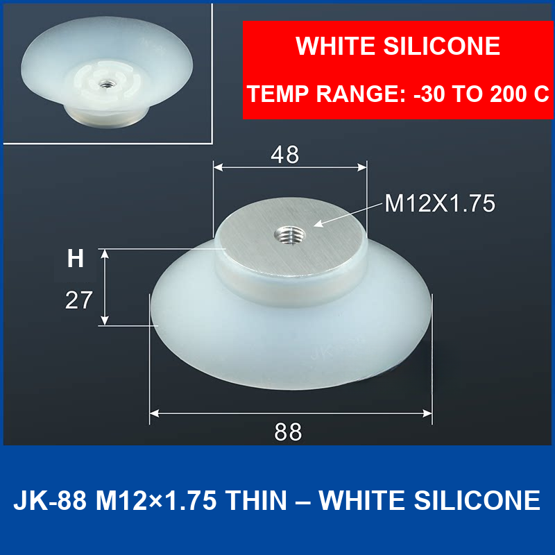 JK-88 M12×1.75 Thin – White Silicone m12×1.75 silicone vacuum cup, 88 mm, White Silicone, M12×1.75, with technical dimensions