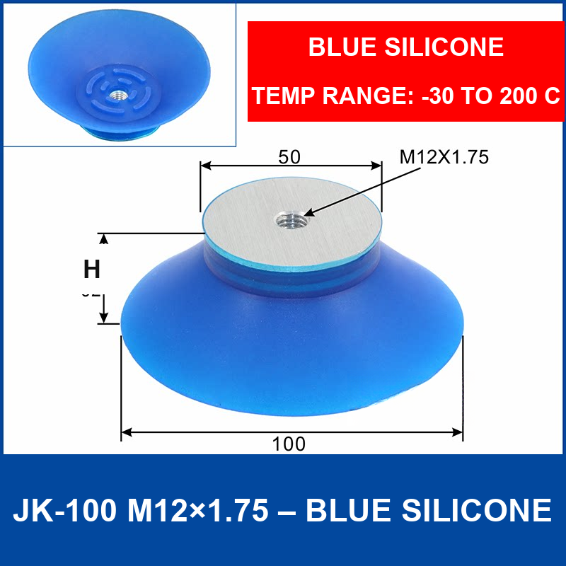 JK-100 M12×1.75 – Blue Silicone m12×1.75 silicone vacuum cup, 100 mm, Blue Silicone, M12×1.75, with technical dimensions