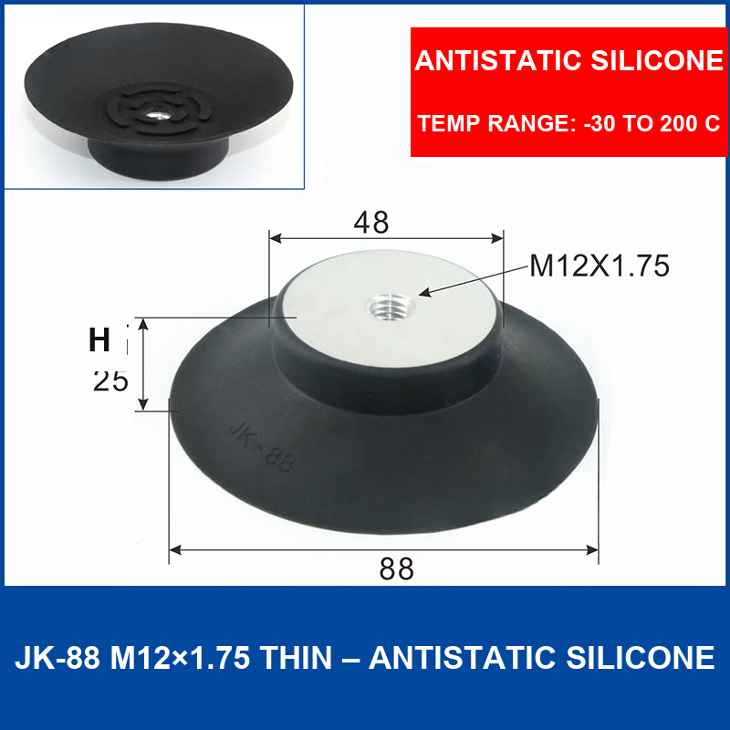 JK-88 M12×1.75 Thin – Antistatic Silicone m12×1.75 silicone vacuum cup, 88 mm, Antistatic Silicone, M12×1.75, with technical dimensions