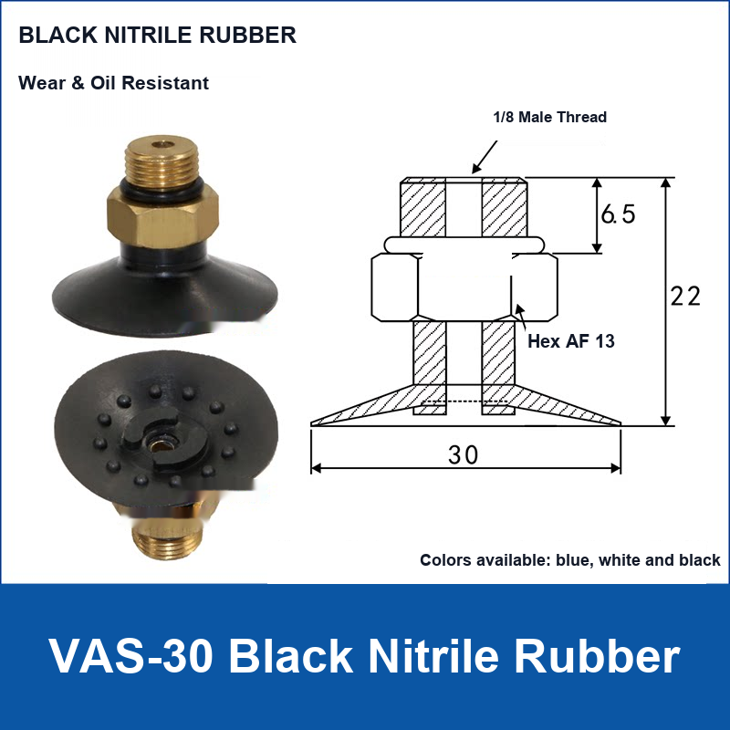 VAS-30 Black Nitrile Rubber vacuum suction cup with technical dimensions