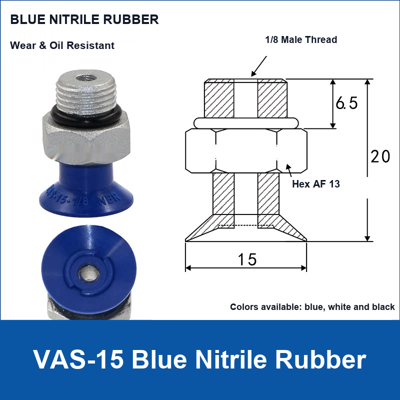 VAS-15 Blue Nitrile Rubber vacuum suction cup with technical dimensions