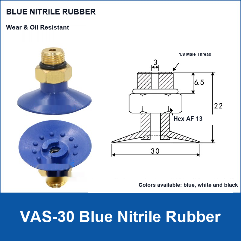 VAS-30 Blue Nitrile Rubber vacuum suction cup with technical dimensions