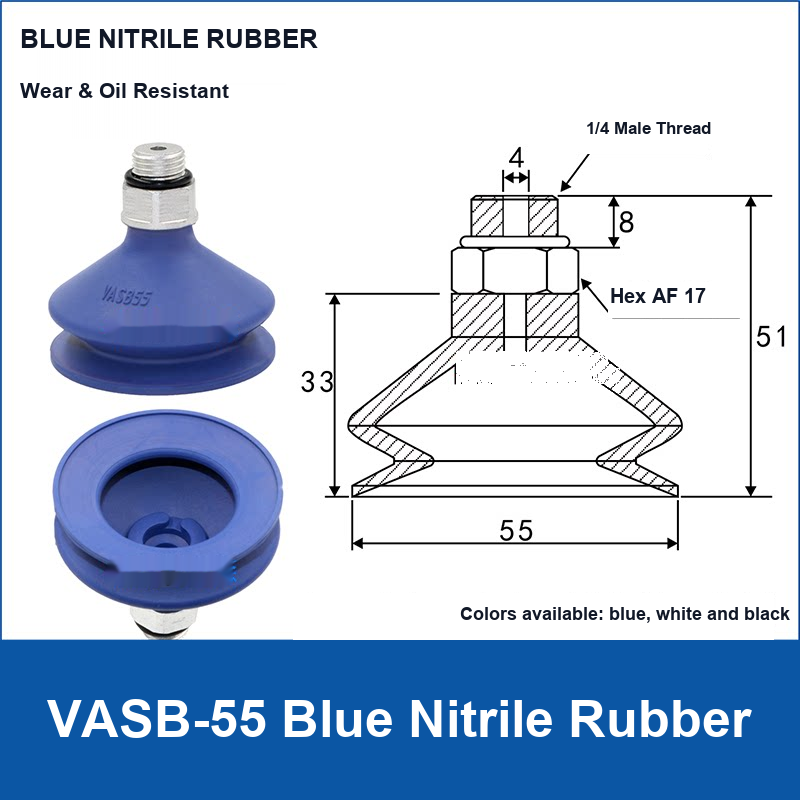 VASB-55 Blue Nitrile Rubber vacuum suction cup with technical dimensions