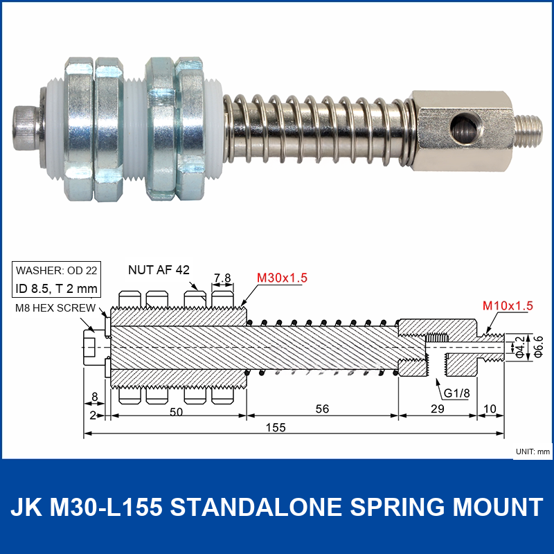 JK M30-L155 Standalone Spring Mount industrial spring mount, M30×1.5 Spring Mount, with technical dimensions