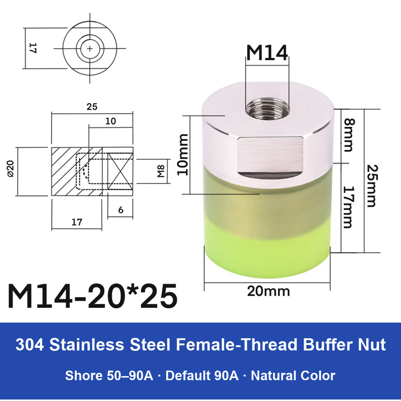 Female Thread M14 – Ø20 × 25 mm, 304 stainless steel polyurethane-coated buffer component