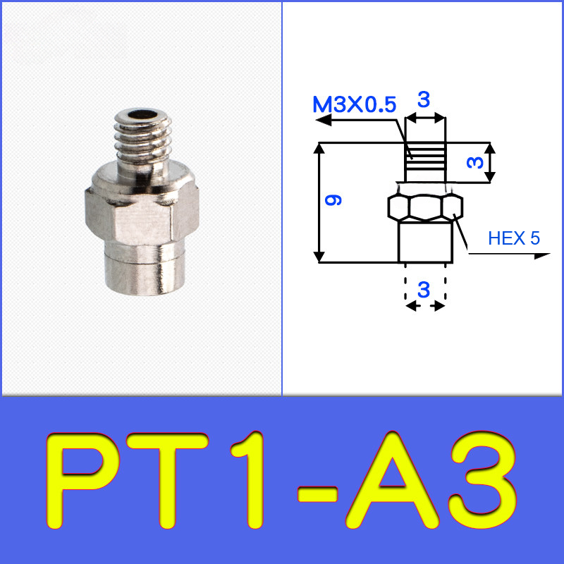 PT1-A3 threaded vacuum cup holder fitting with model-specific engineering drawing