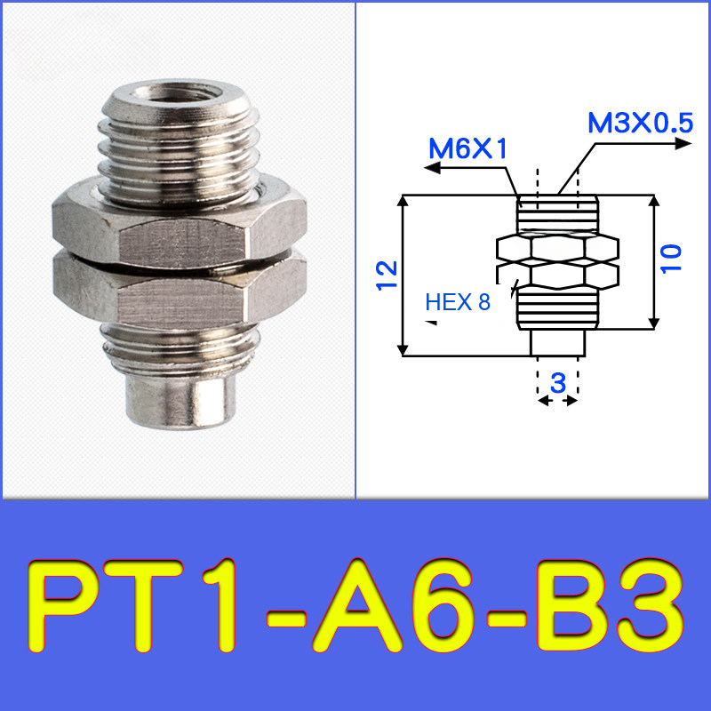 PT1-A6-B3 threaded vacuum cup holder fitting with model-specific engineering drawing