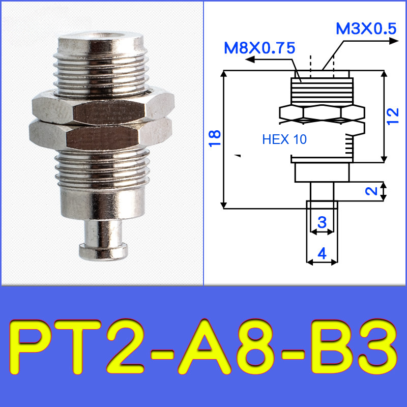 PT2-A8-B3 threaded vacuum cup holder fitting with model-specific engineering drawing