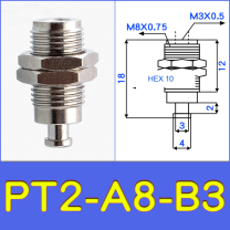 PT2-A8-B3 threaded vacuum cup holder fitting with model-specific engineering drawing