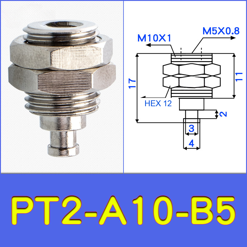 PT2-A10-B5 threaded vacuum cup holder fitting with model-specific engineering drawing