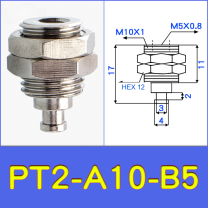 PT2-A10-B5 threaded vacuum cup holder fitting with model-specific engineering drawing