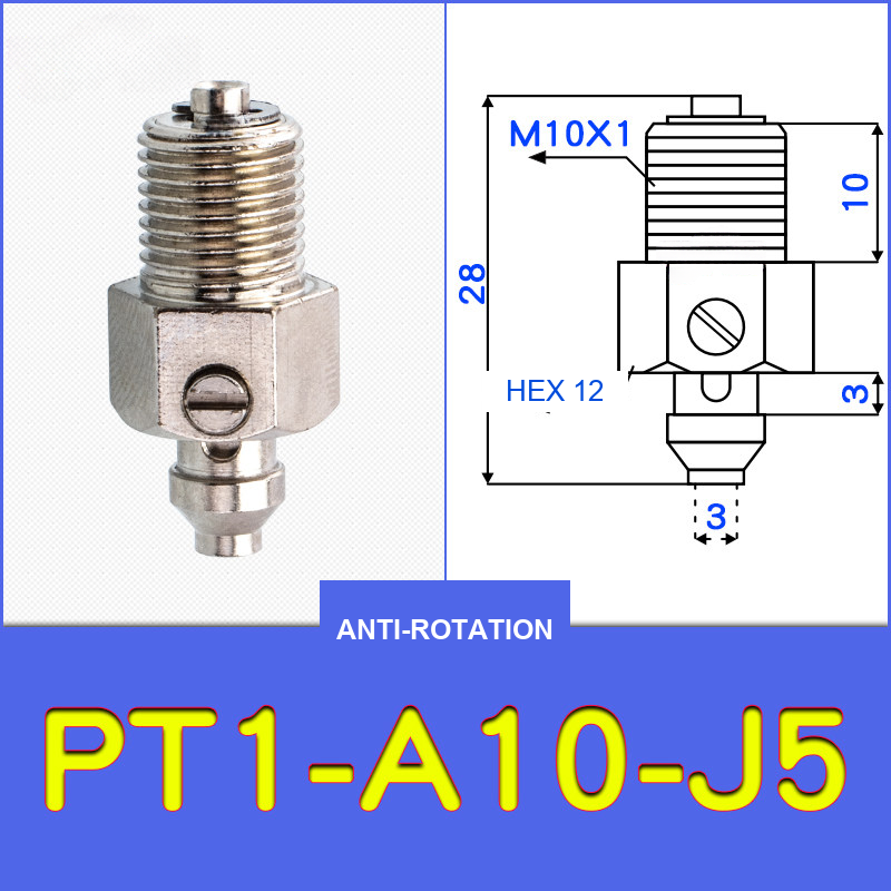 PT1-A10-J5 threaded vacuum cup holder fitting with model-specific engineering drawing