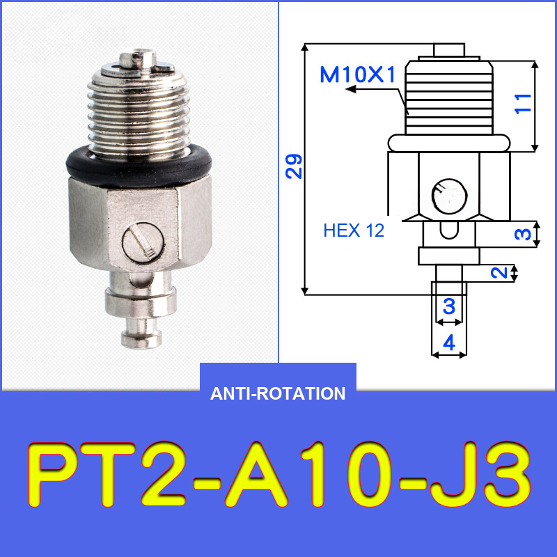 PT2-A10-J3 threaded vacuum cup holder fitting with model-specific engineering drawing