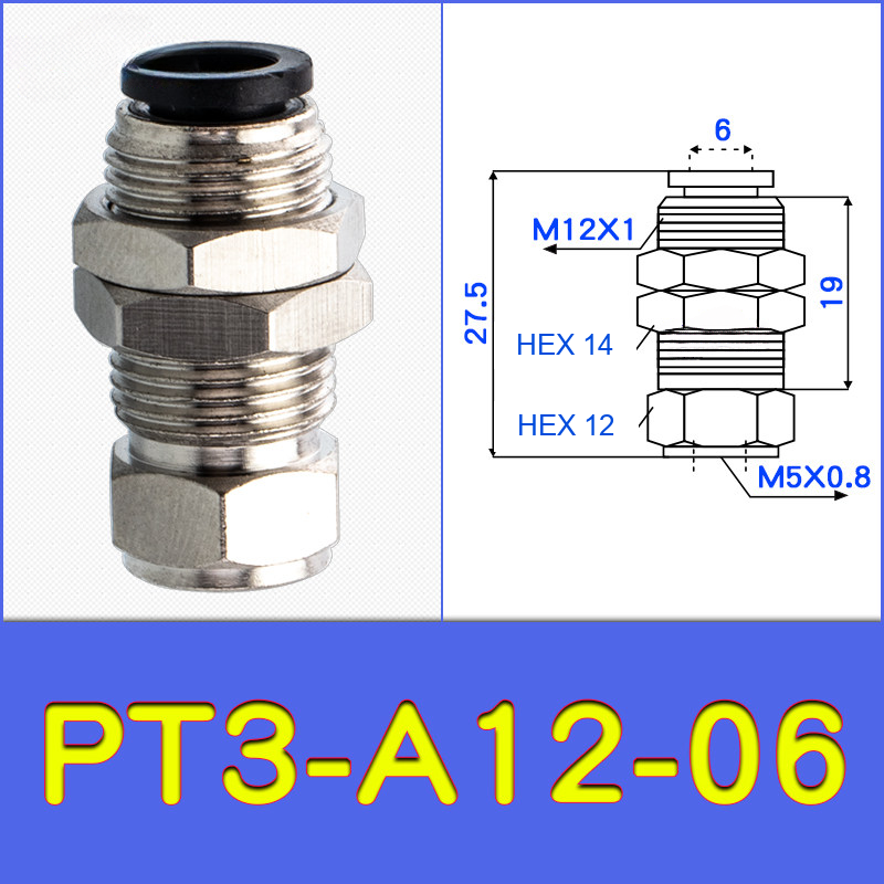 PT3-A12-06 threaded vacuum cup holder fitting with model-specific engineering drawing
