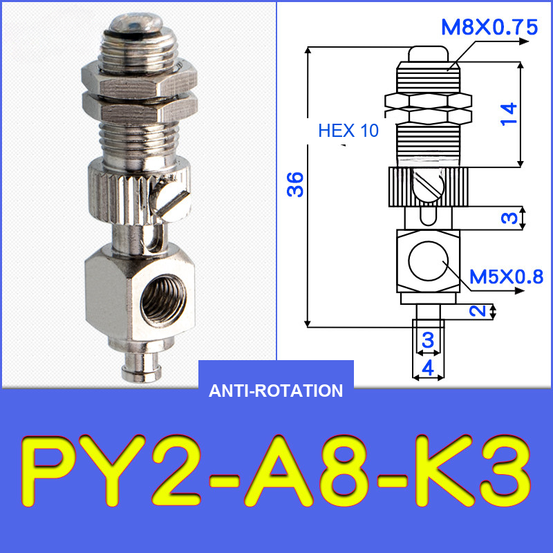 PY2-A8-K3 threaded vacuum cup holder fitting with model-specific engineering drawing
