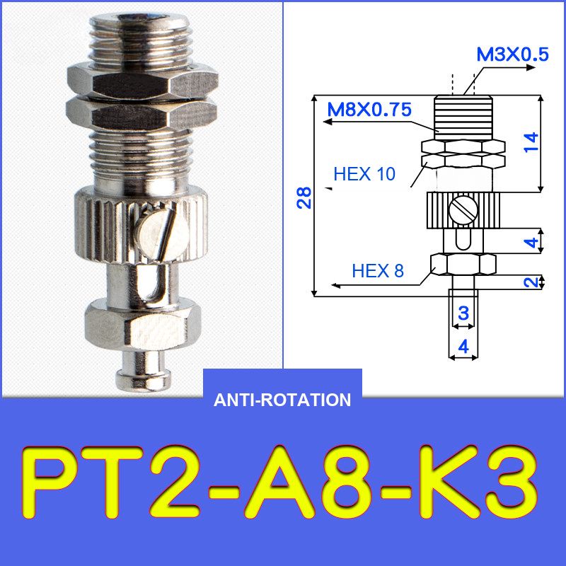 PT2-A8-K3 threaded vacuum cup holder fitting with model-specific engineering drawing