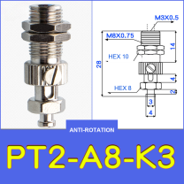 PT2-A8-K3 threaded vacuum cup holder fitting with model-specific engineering drawing