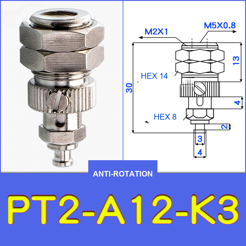 PT2-A12-K3 threaded vacuum cup holder fitting with model-specific engineering drawing
