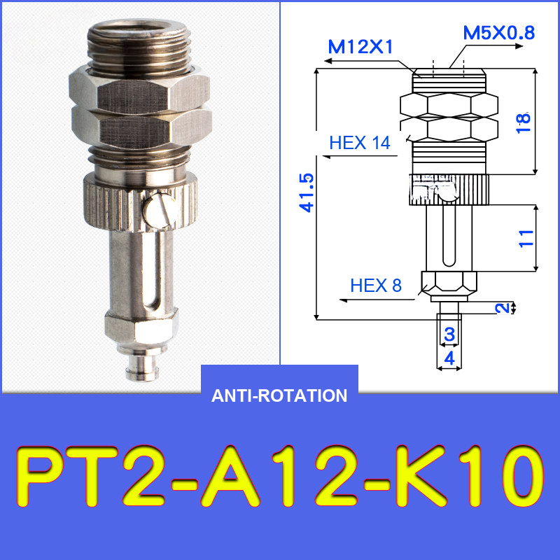 PT2-A12-K10 threaded vacuum cup holder fitting with model-specific engineering drawing