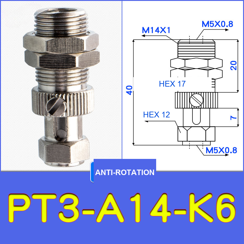PT3-A14-K6 threaded vacuum cup holder fitting with model-specific engineering drawing