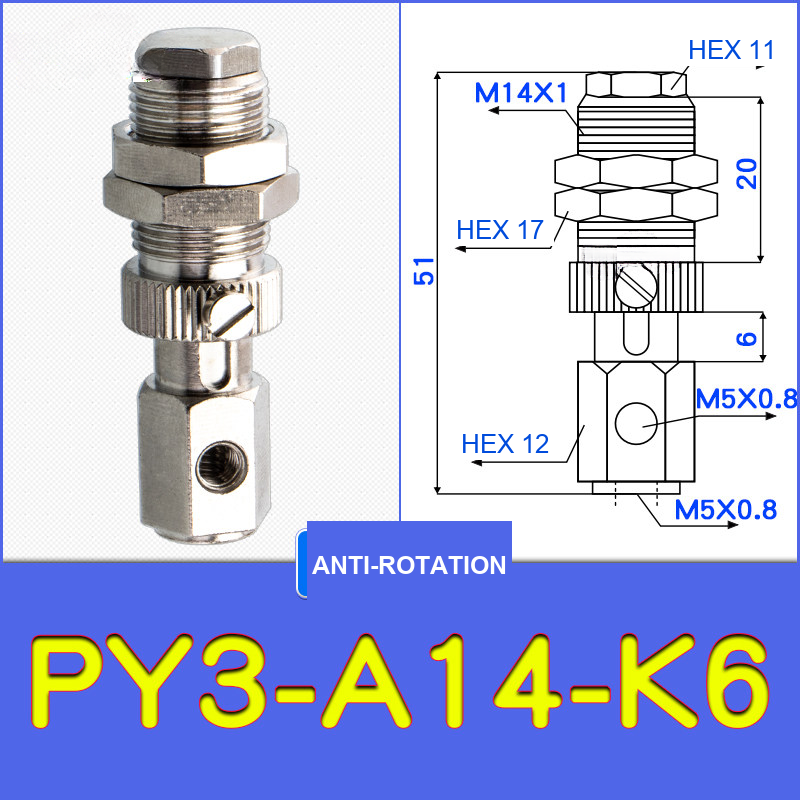PY3-A14-K6 threaded vacuum cup holder fitting with model-specific engineering drawing