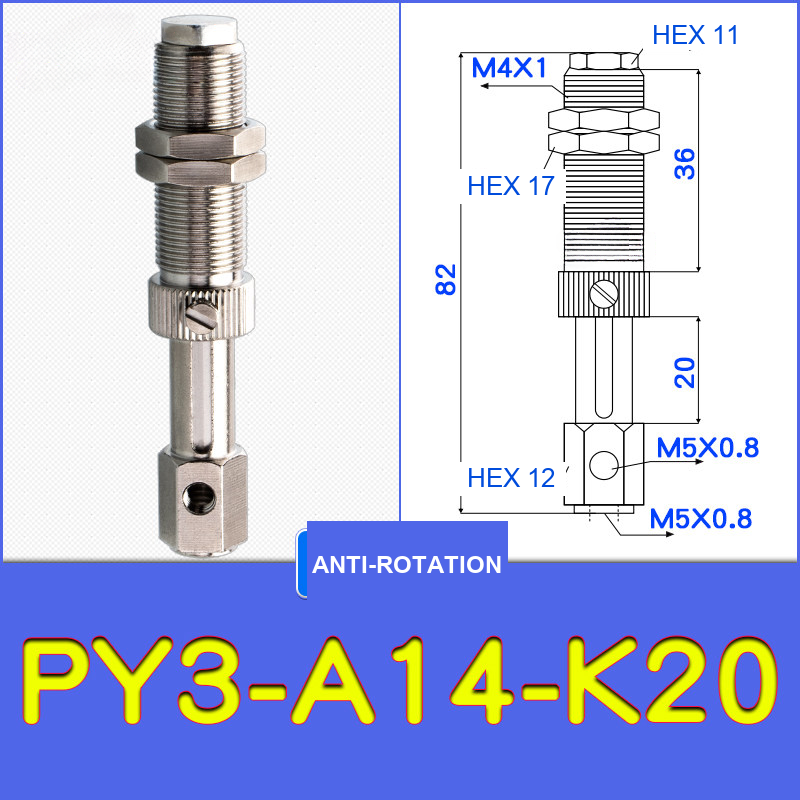 PY3-A14-K20 threaded vacuum cup holder fitting with model-specific engineering drawing