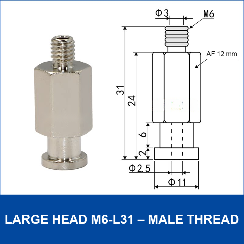 Large Head M6-L31 – Male Thread vacuum cup fitting or adapter, Nickel-Plated Copper, Male Thread, with technical dimensions