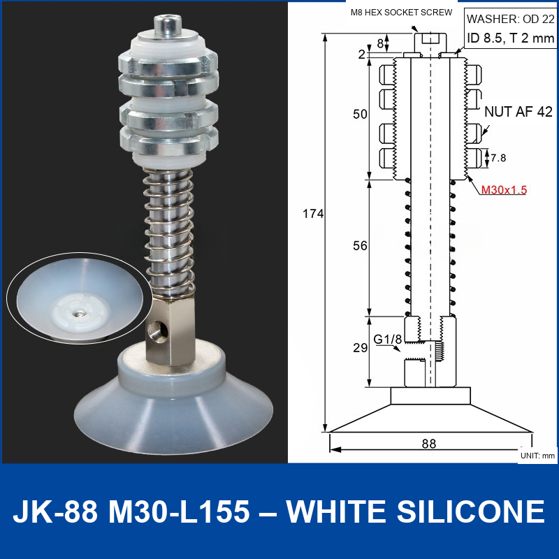 JK-88 M30-L155 – White Silicone vacuum cup with m30-l155 spring mount, 88 mm, White Silicone, M30×1.5 Spring Mount, with technical dimensions