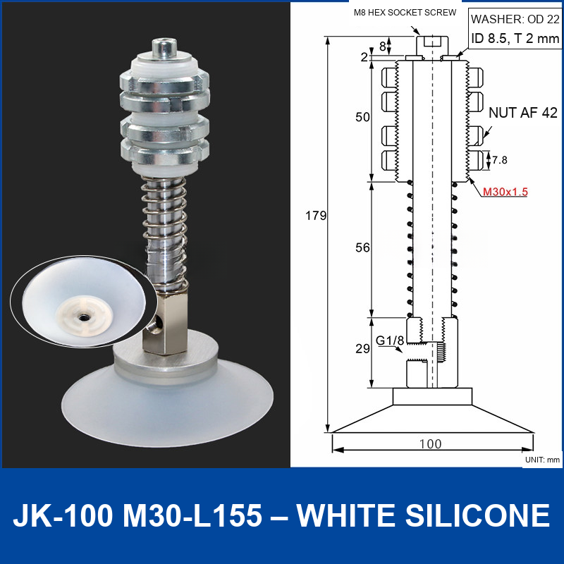 JK-100 M30-L155 – White Silicone vacuum cup with m30-l155 spring mount, 100 mm, White Silicone, M30×1.5 Spring Mount, with technical dimensions