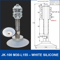 JK-100 M30-L155 – White Silicone vacuum cup with m30-l155 spring mount, 100 mm, White Silicone, M30×1.5 Spring Mount, with technical dimensions