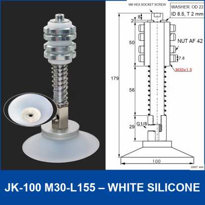 JK-100 M30-L155 – White Silicone vacuum cup with m30-l155 spring mount, 100 mm, White Silicone, M30×1.5 Spring Mount, with technical dimensions