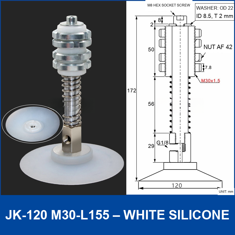 JK-120 M30-L155 – White Silicone vacuum cup with m30-l155 spring mount, 120 mm, White Silicone, M30×1.5 Spring Mount, with technical dimensions