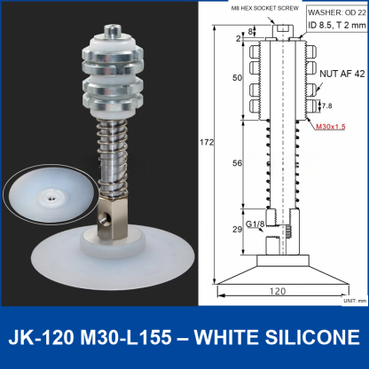 JK-120 M30-L155 – White Silicone vacuum cup with m30-l155 spring mount, 120 mm, White Silicone, M30×1.5 Spring Mount, with technical dimensions