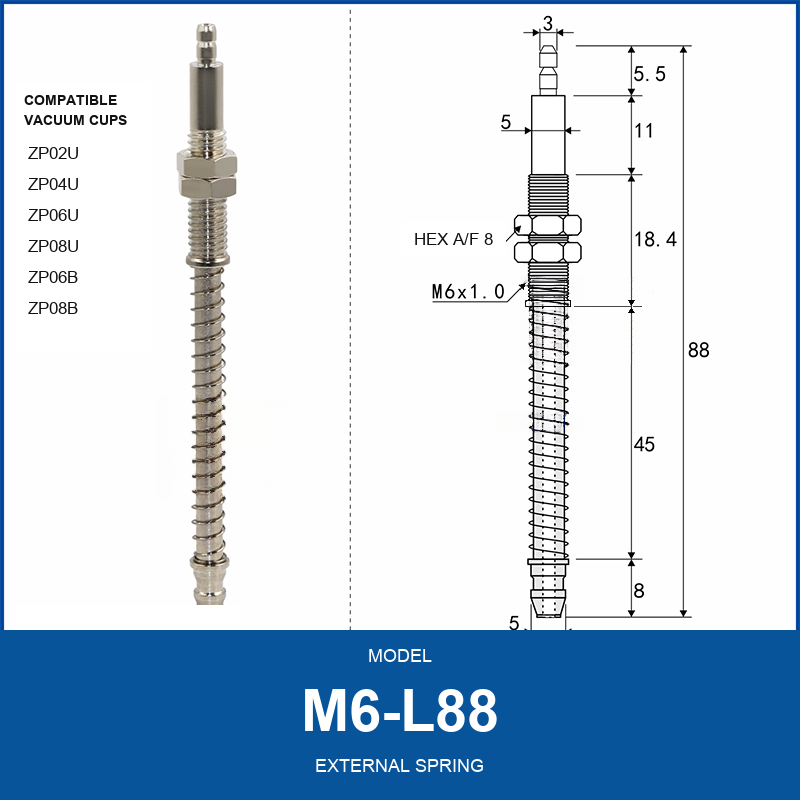 M6-L88 External Spring M6 vacuum cup holder with dimensional drawing