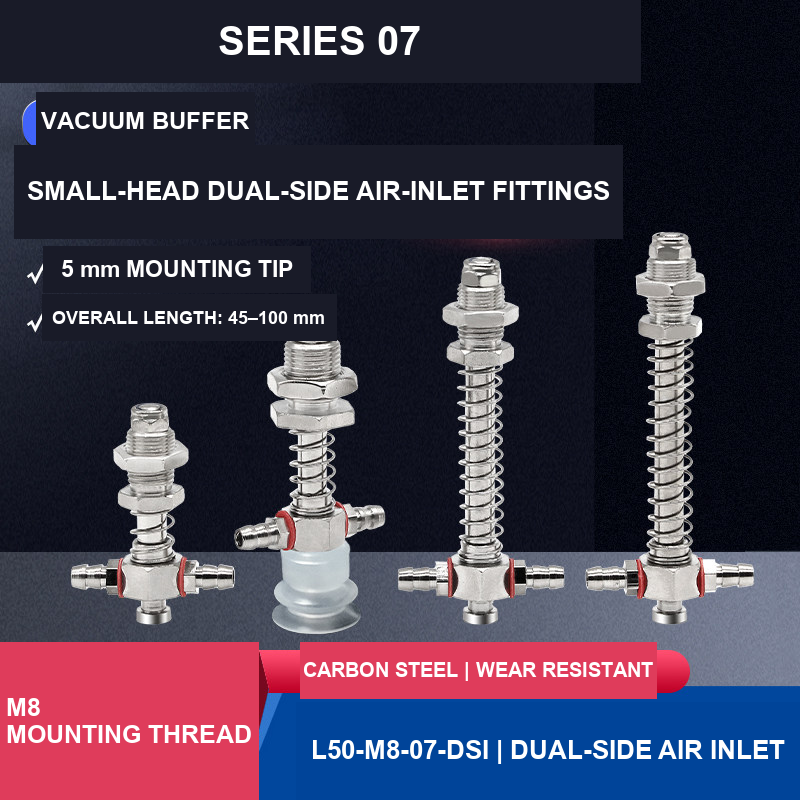 L50-M8-07-DSI small-head dual-side air-inlet vacuum cup buffer mount, 50 mm length, M8 × 1.0 mounting thread, with product view and dimensional drawing