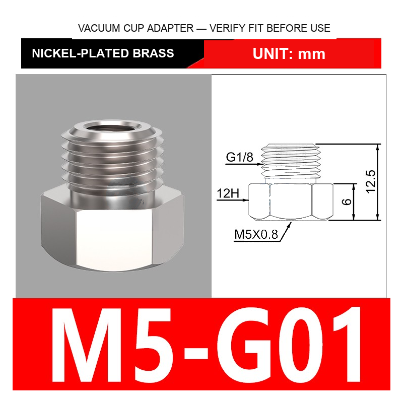 M5-G01 nickel-plated brass vacuum cup threaded fitting, M5 mount thread, body code G01, with technical dimensions