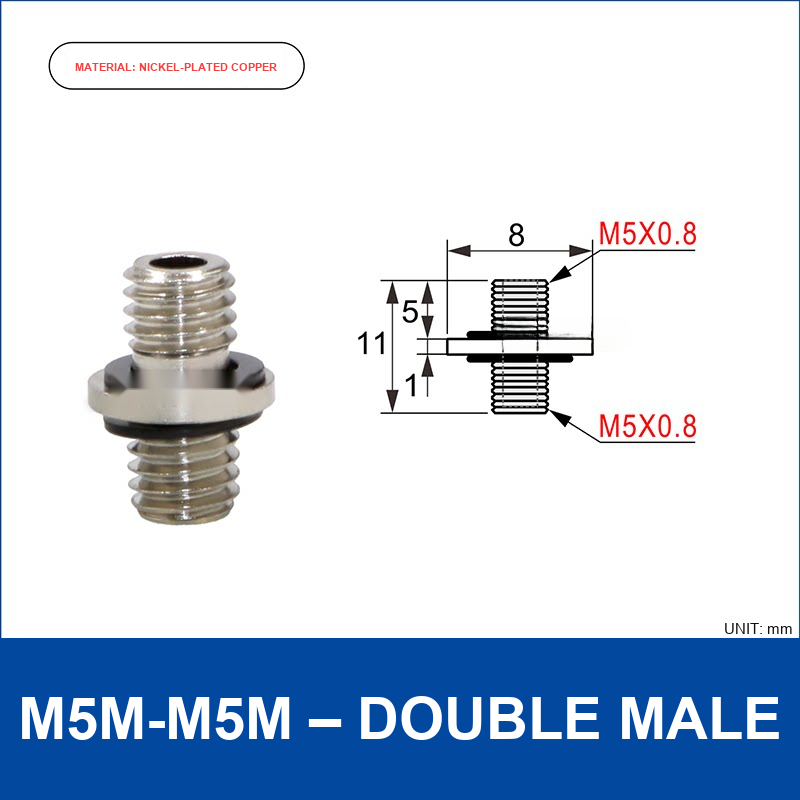 M5M-M5M – Double Male vacuum cup fitting or adapter, Nickel-Plated Copper, Double Male, with technical dimensions