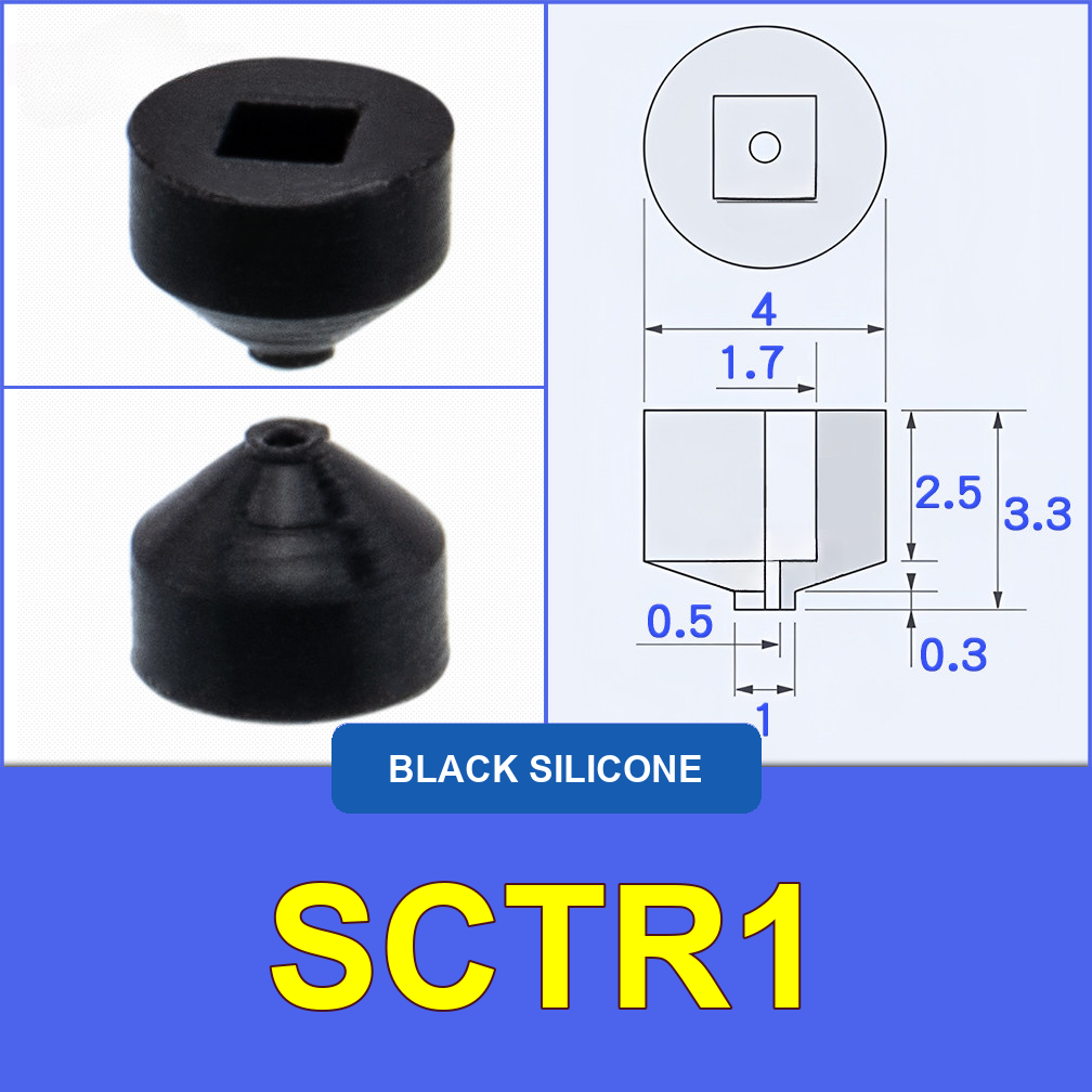 SCTR1 — Black Silicone miniature vacuum cup with model-specific engineering drawing