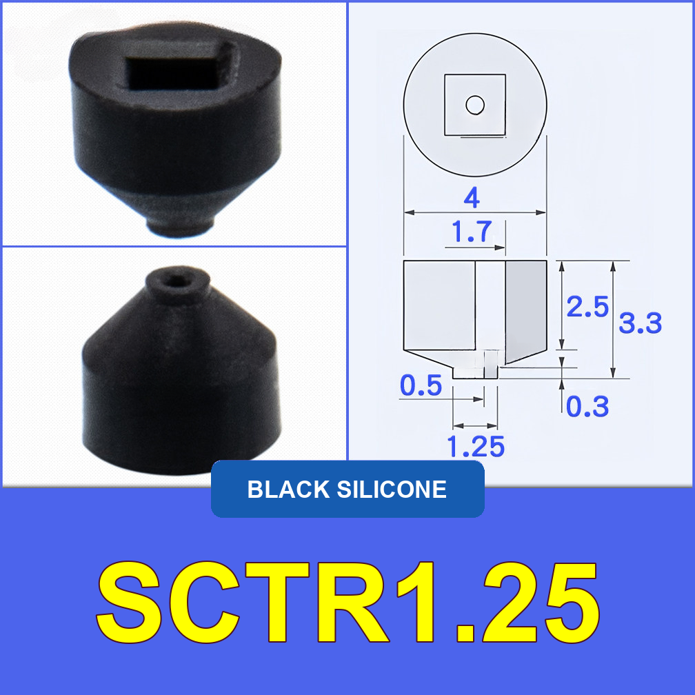 SCTR1.25 — Black Silicone miniature vacuum cup with model-specific engineering drawing