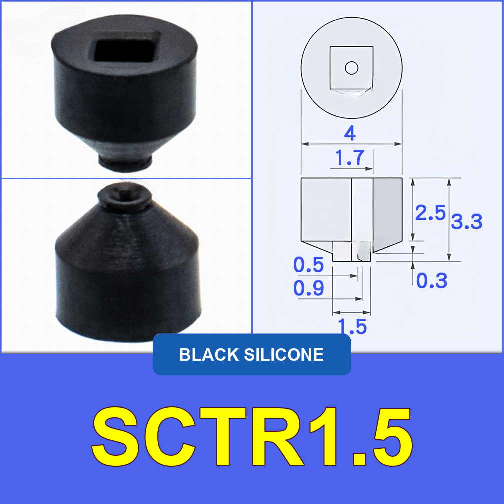 SCTR1.5 — Black Silicone miniature vacuum cup with model-specific engineering drawing