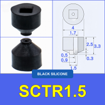 SCTR1.5 — Black Silicone miniature vacuum cup with model-specific engineering drawing