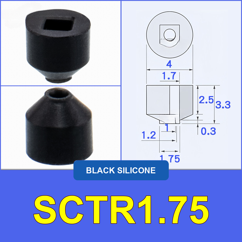 SCTR1.75 — Black Silicone miniature vacuum cup with model-specific engineering drawing
