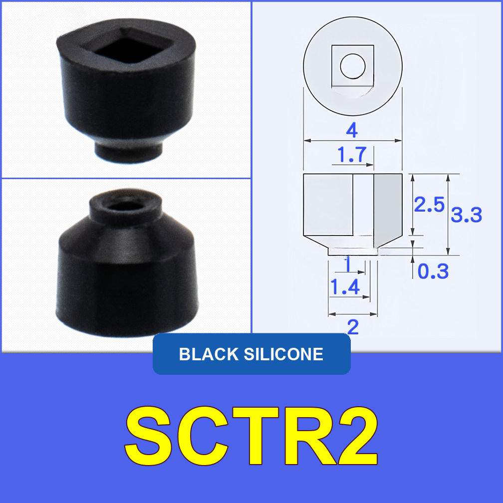 SCTR2 — Black Silicone miniature vacuum cup with model-specific engineering drawing