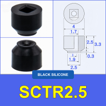 SCTR2.5 — Black Silicone miniature vacuum cup with model-specific engineering drawing