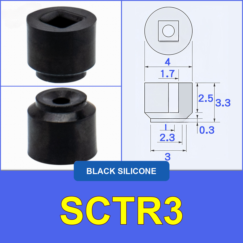 SCTR3 — Black Silicone miniature vacuum cup with model-specific engineering drawing