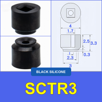 SCTR3 — Black Silicone miniature vacuum cup with model-specific engineering drawing
