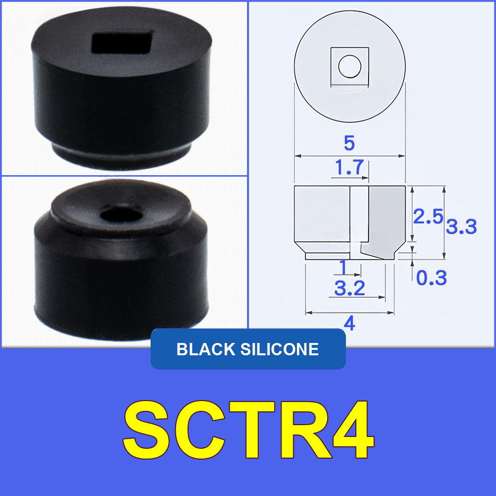 SCTR4 — Black Silicone miniature vacuum cup with model-specific engineering drawing