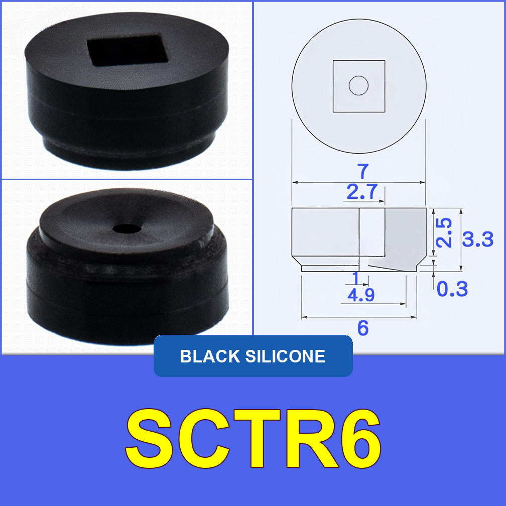 SCTR6 — Black Silicone miniature vacuum cup with cleaned model-specific engineering drawing